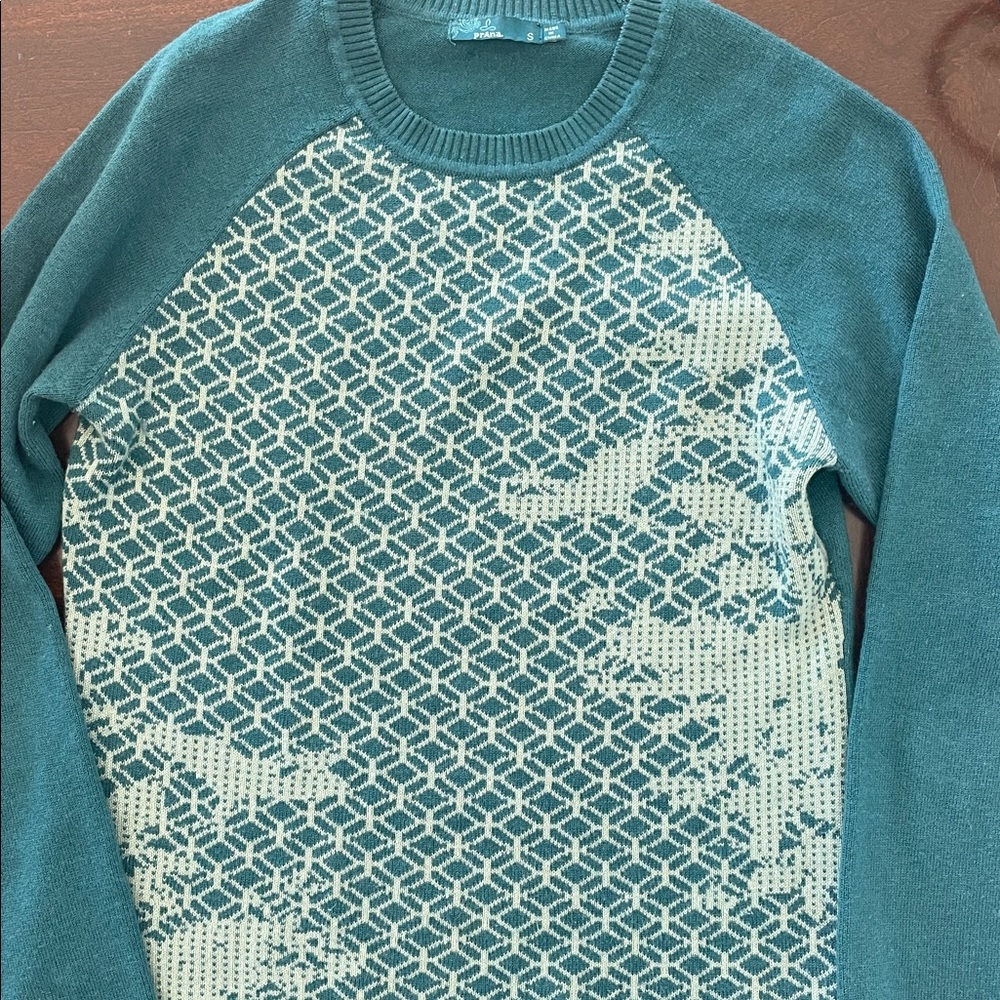 PrAna Crew Neck Wool Blend Sweater. Beautiful Motif Print Fabric, Color! GUC